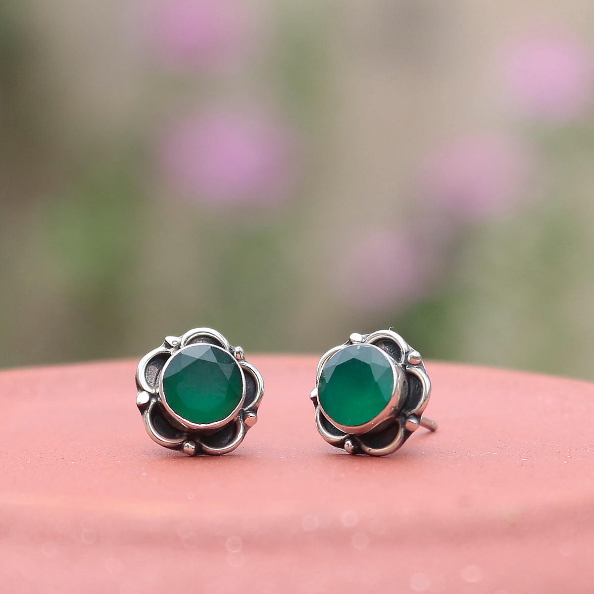 925 Sterling Silver Green Onyx Stone Eartops - Elegant Boho-Chic Jewelry for Women