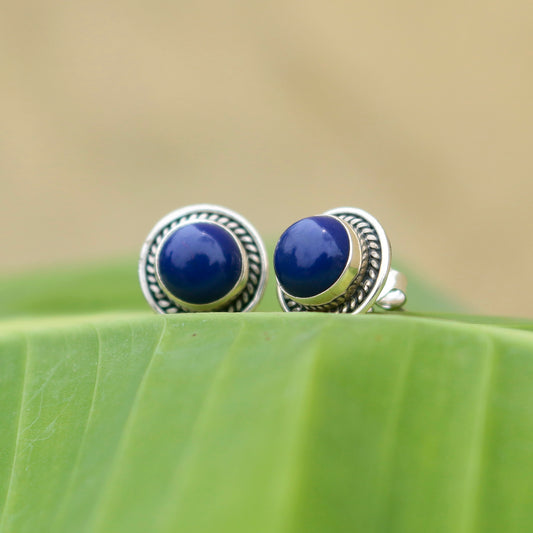 925 Sterling Silver Lapis Stud Earrings for Women | Deep Blue Handmade Push Back Eartops | Boho Daily Jewelry
