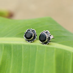 925 Sterling Silver Black Onyx Stud Earrings for Women | Chic Handmade Push Back Eartops | Daily & Party Jewelry