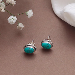 925 Sterling Silver Turquoise Stud Earrings for Women |Handmade Push Back Eartops | Boho Daily Jewelry