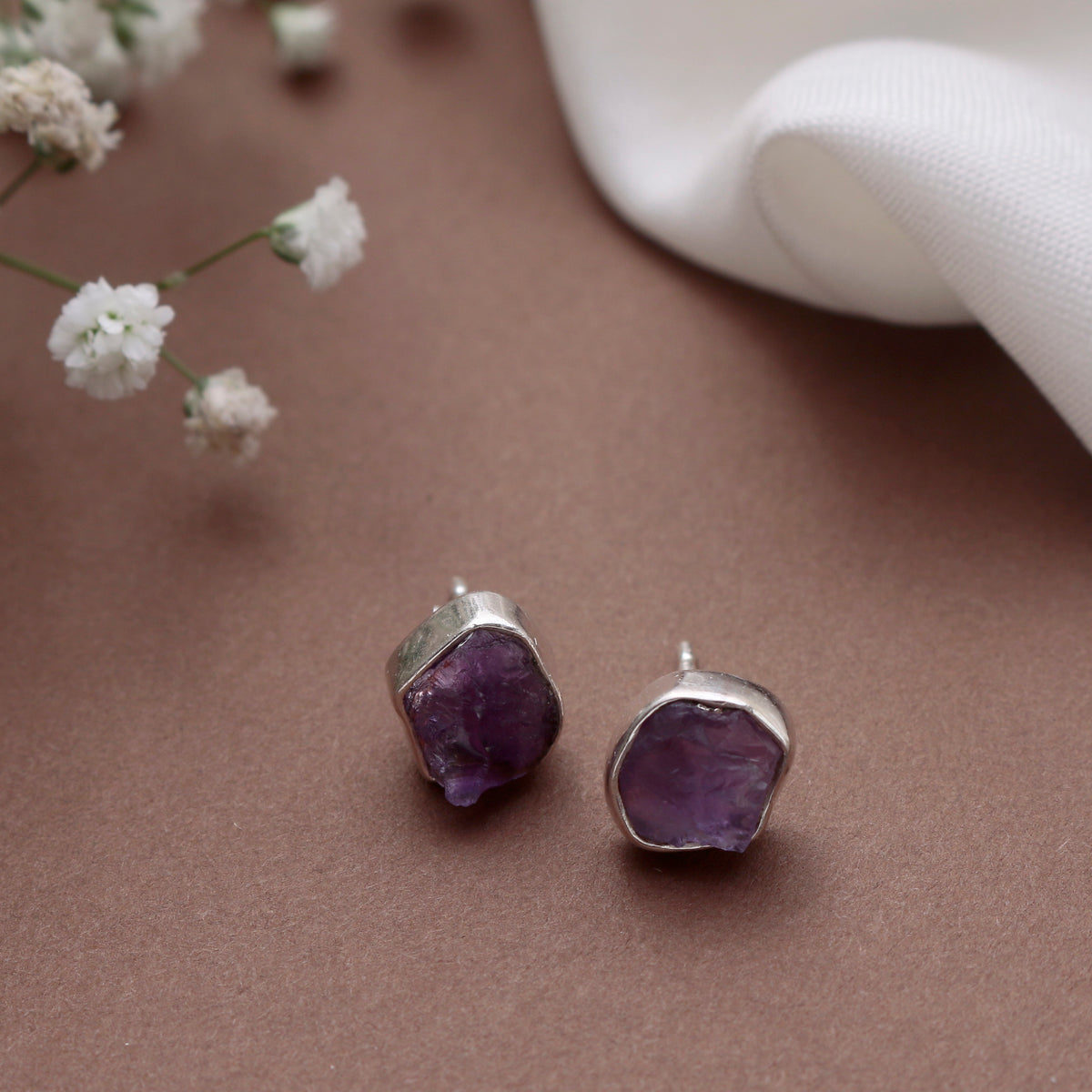 Fusionari 925 Silver Raw Amethyst Stud Earrings | Handmade Natural Stone: Uncut Amethyst Stone | Lightweight Women’s Jewelry