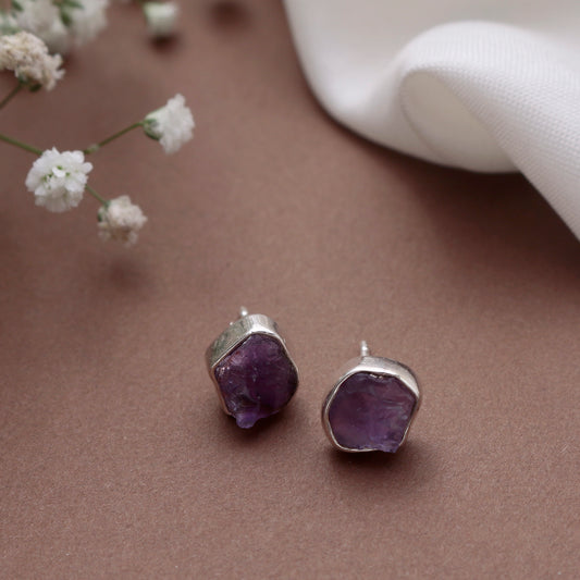 Fusionari 925 Silver Raw Amethyst Stud Earrings | Handmade Natural Stone: Uncut Amethyst Stone | Lightweight Women’s Jewelry