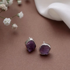 Fusionari 925 Silver Raw Amethyst Stud Earrings | Handmade Natural Stone: Uncut Amethyst Stone | Lightweight Women’s Jewelry
