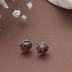 925 Sterling Silver Flower Shaped Tiger Eye Eartops - Elegant Boho-Chic Jewelry for Women