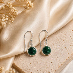 925 Sterling Silver Malachite Round Gemstone Drop Earrings