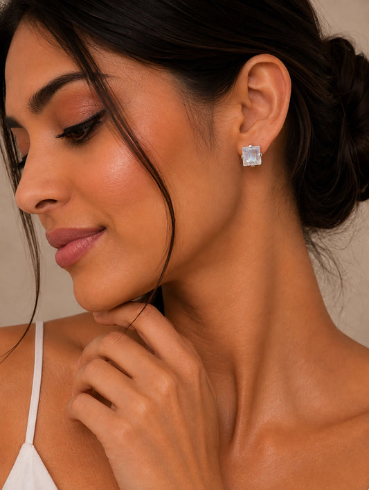 FUSIONARI 925 Sterling Silver Moonstone Square Stud Earrings White Gemstone Jewelry