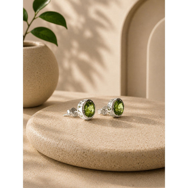 925 Sterling Silver Round Peridot Earrings Green Gemstone Studs for Women