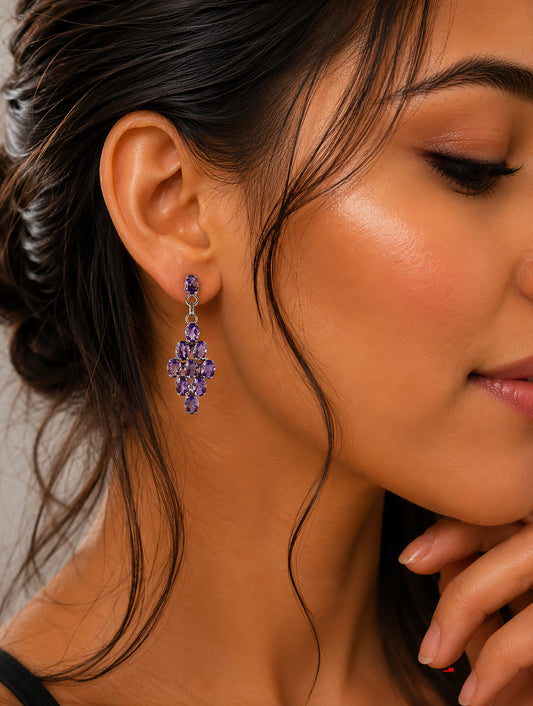 925 Sterling Silver 10 Amethyst Gemstone Diamond Shaped Drop Earrings