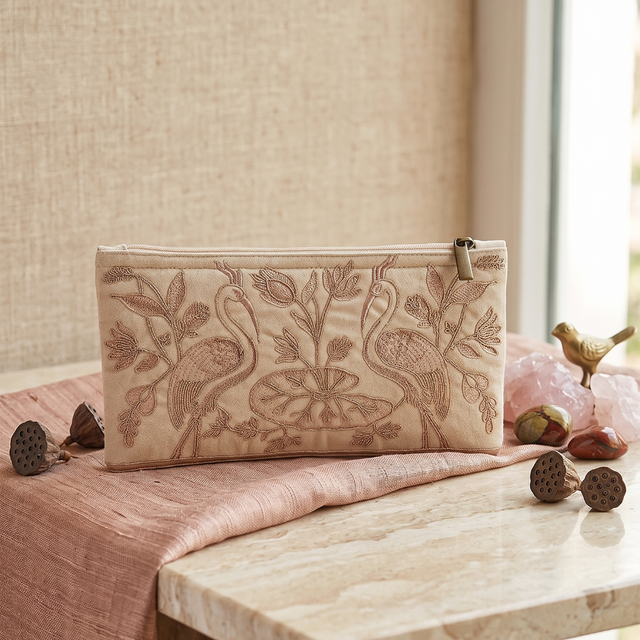 Handmade Peacock Embroidered Clutch Purse, Beige  Suede Fabric with Copper Zari and Silk Thread Work