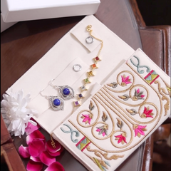 Handmade Jewellery Organizer, White Soft Suede Fabric with Gold Thread Embroidery