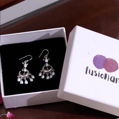 925 Silver Earrings with Drop shape pearl stone in bezel setting traditional "Chandbali" design in oxidised finish with ball earwire.
