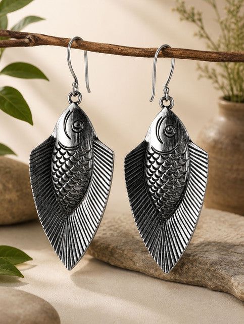 925 Sterling Silver Oxidized Fish Shape Drop Earrings for Women, Detailed Design with Hook Closure
