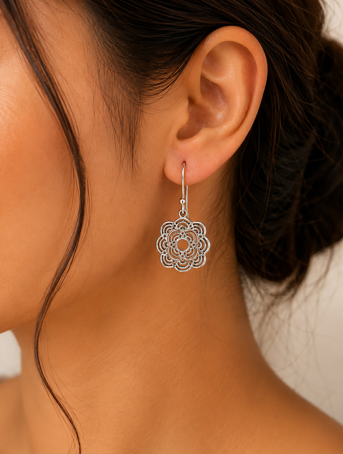 925 Sterling Silver Flower Design Hanging Earrings