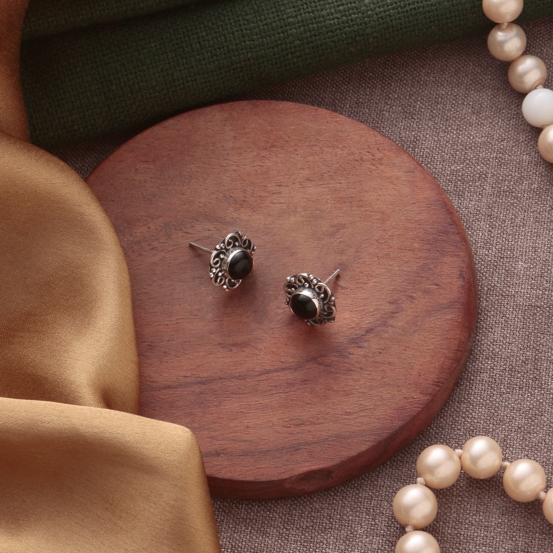 Silver Black Onyx Eartops