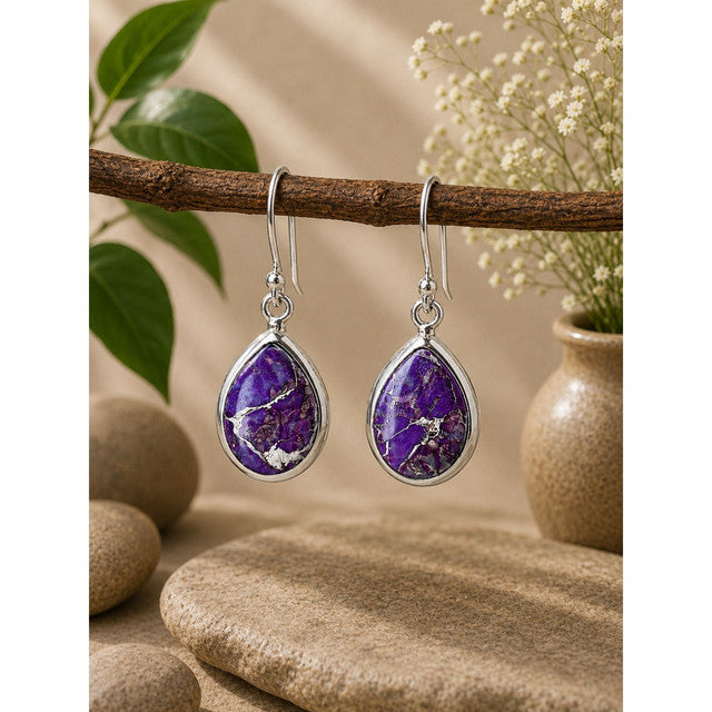 925 Sterling Silver Purple Turquoise Gemstone Earrings Hanging Teardrop Style