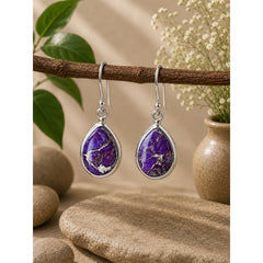 925 Sterling Silver Purple Turquoise Gemstone Earrings Hanging Teardrop Style