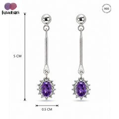 925 Sterling Silver Amethyst Gemstone Long Drop Earrings with Floral Design