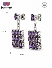 925 Sterling Silver 10 Amethyst Gemstone Square Shaped Drop Earrings