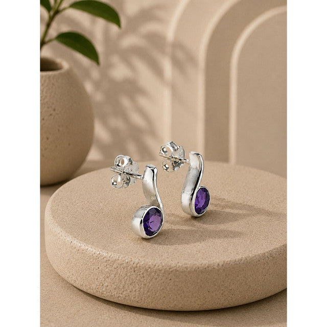 925 Sterling Silver Amethyst Stud  Earrings, Purple Gemstone with S Shape Design