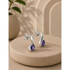 925 Sterling Silver Amethyst Stud  Earrings, Purple Gemstone with S Shape Design