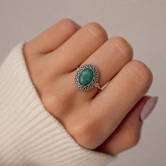 925 Sterling Silver Green Emerald Gemstone Ring Handmade Style Oval Design for Women