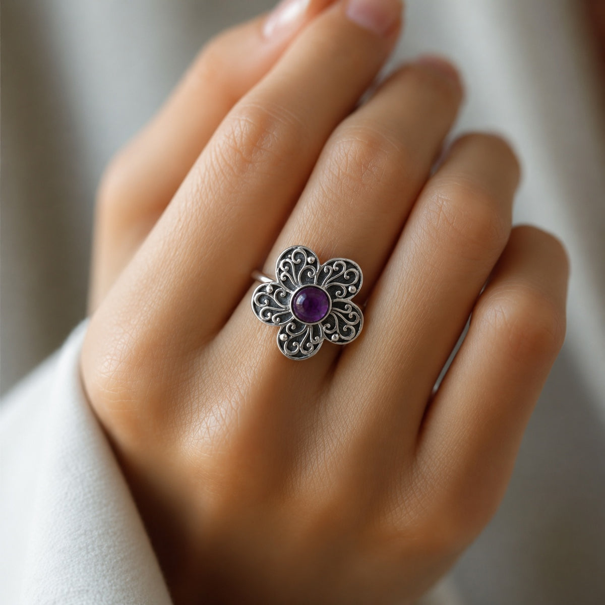925 Sterling Silver Amethyst Oval Gemstone Ring for Women Handmade Traditional Floral Design