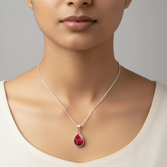 925 Sterling Silver Ruby Pendant Necklace – Handcrafted natural ruby gemstone on an 18-inch sterling silver chain. Elegant, timeless jewelry for women