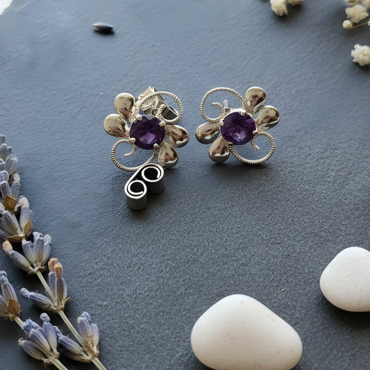 Fusionari 925 Sterling Silver Amethyst Earrings for Women | Handmade Minimalist Jewelry | Unique Healing Crystal Design | Size 1.4x1.6 cm | One Pair