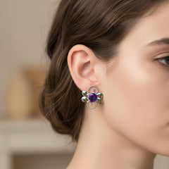Fusionari 925 Sterling Silver Amethyst Earrings for Women | Handmade Minimalist Jewelry | Unique Healing Crystal Design | Size 1.4x1.6 cm | One Pair
