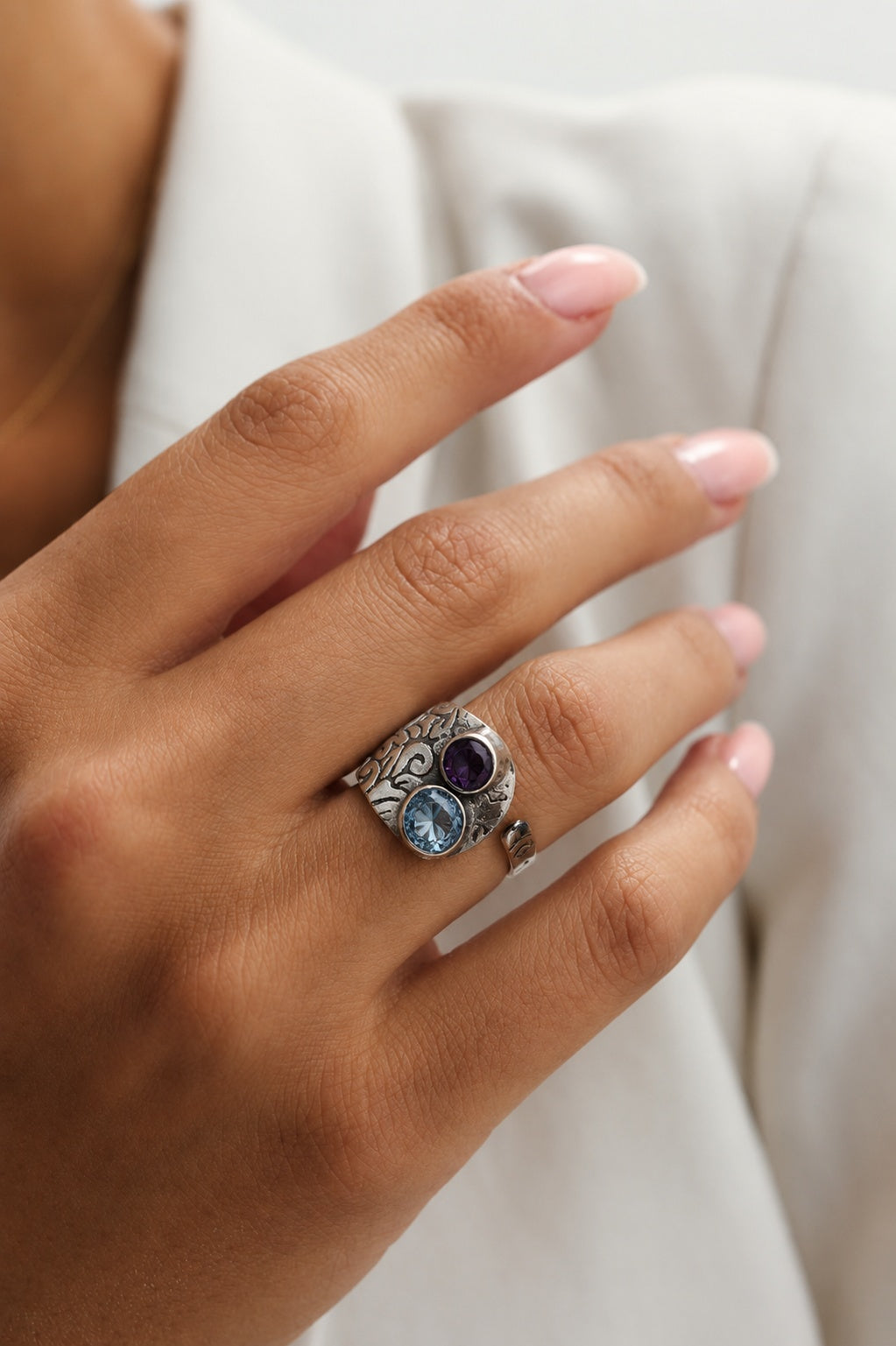 925 Sterling Silver Amethyst and Blue Topaz Gemstone Ring Handmade Artistic Design for Women
