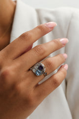 925 Sterling Silver Amethyst and Blue Topaz Gemstone Ring Handmade Artistic Design for Women