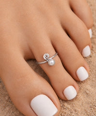 925 Sterling Silver Pearl Gemstone Toe Ring for Women Spiral Open Design Adjustable Toe Jewelry
